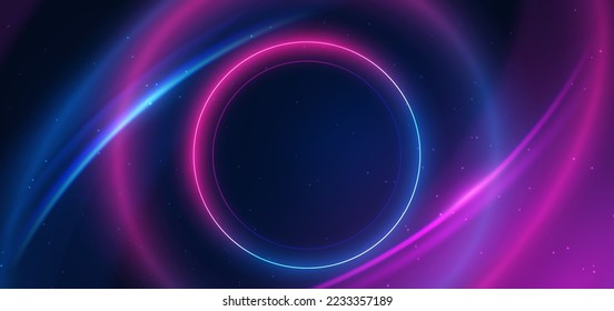 Abstract technology futuristic neon circle glowing blue and pink  light lines with speed motion blur effect on dark blue background. Vector illustration