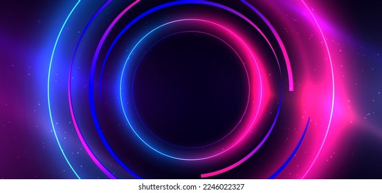 Abstract technology futuristic neon circle glowing blue and pink  light lines with speed motion blur effect on dark blue background. Vector illustration