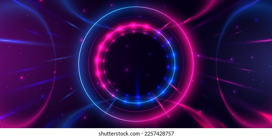 Abstract technology futuristic neon circle glowing blue and pink  light lines with speed motion blur effect on dark blue background. Vector illustration