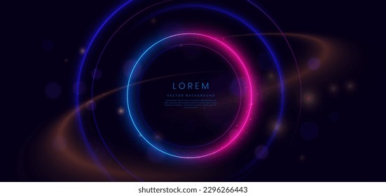 Abstract technology futuristic neon circle glowing blue and pink  light lines with speed motion blur effect on dark blue background. Vector illustration