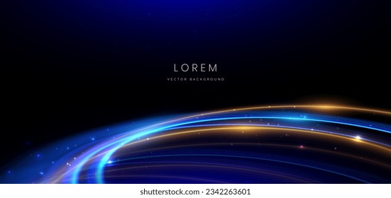 Abstract technology futuristic neon circle glowing blue and gold  light lines with speed motion blur effect on black background. Vector illustration