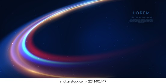 Abstract technology futuristic neon curved glowing blue and gold  light lines with speed motion blur effect on dark blue background. Vector illustration