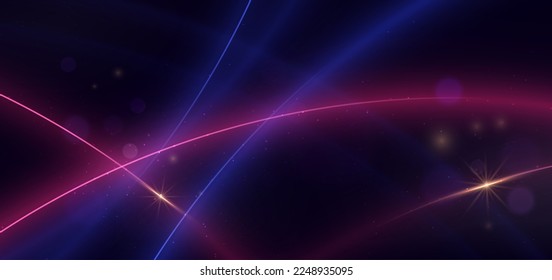 Abstract technology futuristic neon curved glowing blue and pink light lines with speed motion blur effect on dark blue background. Vector illustration