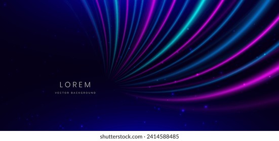 Abstract technology futuristic neon curved glowing blue and pink  light lines with speed motion blur effect on dark blue background. Vector illustration