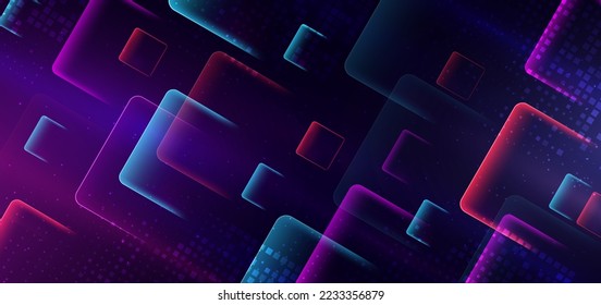 Abstract technology futuristic neon diagonal glowing blue and pink  square shape with speed motion blur effect on dark blue background. Vector illustration