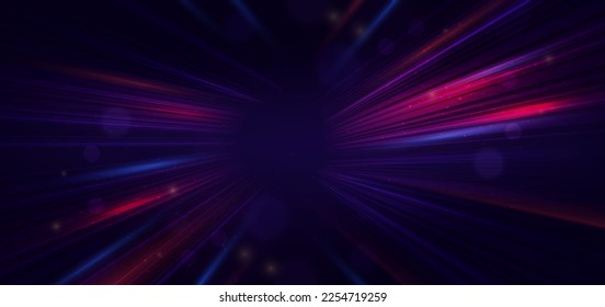 Abstract technology futuristic neon diagonal glowing blue and red light lines with speed motion blur effect on dark blue background. Vector illustration