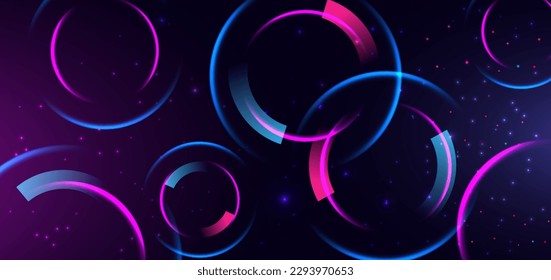 Abstract technology futuristic neon diagonal glowing blue and pink  circle light lines with sprakle effect on dark blue background. Vector illustration