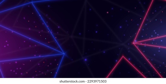 Abstract technology futuristic neon diagonal glowing blue and red  triangles lines with sprakle effect on dark blue background. Vector illustration