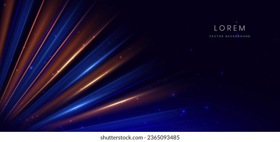 Abstract technology futuristic neon diagonal glowing blue and orange light ray with speed motion blur effect on dark blue background. Vector illustration