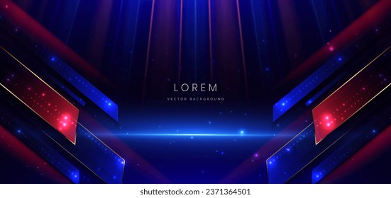 Abstract technology futuristic neon geometric glowing blue and red light lines with speed motion blur effect on dark blue background. Vector illustration