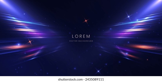 Abstract technology futuristic neon geometric glowing blue and red diagonal light lines with speed motion blur effect on dark blue background. Vector illustration