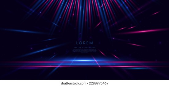 Abstract technology futuristic neon glowing blue and pink light lines with speed motion blur effect on dark blue background. Vector illustration