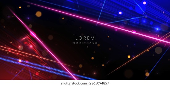 Abstract technology futuristic neon neon glowing blue and pink light lines with speed motion blur effect on dark blue background. Vector illustration