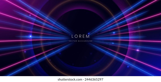 Abstract technology futuristic neon glowing blue and pink light lines with lighting effect on dark blue background. Vector illustration