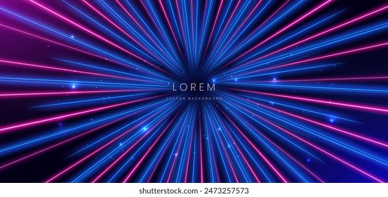 Abstract technology futuristic neon glowing blue and pink light lines with lighting effect on dark blue background. Speed motion concept. Vector illustration
