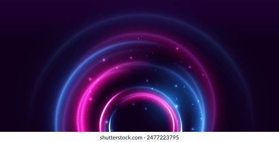 Abstract technology futuristic neon glowing blue and pink light lines with lighting effect on dark blue background. Vector illustration