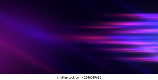 Abstract technology futuristic neon horizontal glowing blue and pink  light lines with speed motion blur effect on dark blue background. Vector illustration