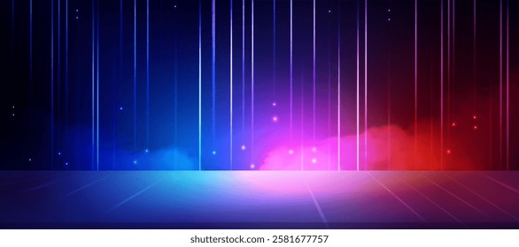 Abstract technology futuristic neon light lines glowing anddigital particles on dark blue,pink,purple,cloud wall background,Studio 3d podium for internet network high speed platform,future cyberspace 