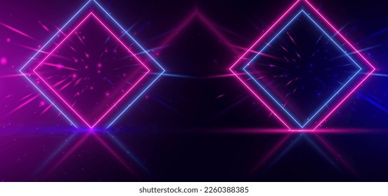 Abstract technology futuristic neon square glowing blue and pink light lines with speed motion blur effect on dark blue background. Vector illustration