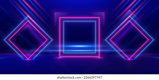 Abstract technology futuristic neon square frame glowing blue and pink light lines with speed motion blur effect on dark blue background. Vector illustration