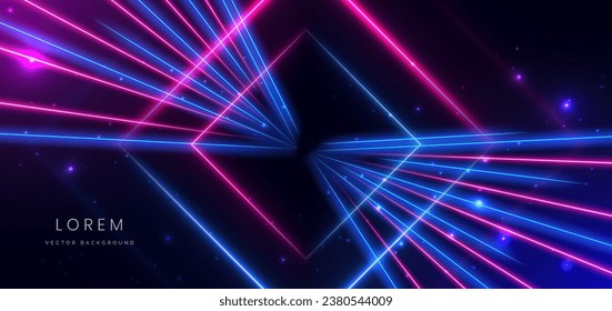 Abstract technology futuristic neon square glowing blue and pink light lines with speed motion blur effect on dark blue background. Vector illustration