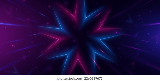 Abstract technology futuristic neon star glowing blue and pink light lines with speed motion blur effect on dark blue background. Vector illustration