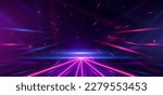 Abstract technology futuristic neon triangle glowing blue and pink  light lines with speed motion blur effect on dark blue background. Vector illustration