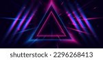 Abstract technology futuristic neon triangle glowing blue and pink  light lines with speed motion blur effect on dark blue background. Vector illustration