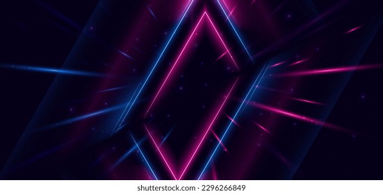 Tecnología abstracta triángulo futurista de neón que reluce líneas de luz azul y rosa con efecto de desenfoque de movimiento de velocidad sobre fondo azul oscuro. Ilustración del vector