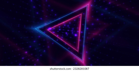 Tecnología abstracta triángulo futurista de neón que reluce líneas de luz azul y rosa con efecto de desenfoque de movimiento de velocidad sobre fondo azul oscuro. Ilustración del vector