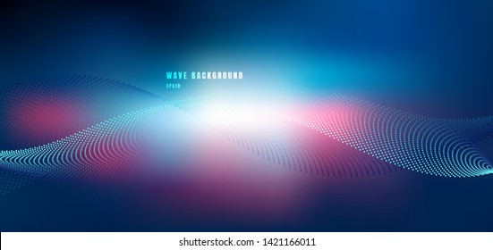 Abstract technology futuristic network design with particle blue and pink wave. Dynamic particles sound wave flowing on glowing dots dark background. Vector illustration