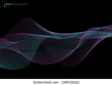 Abstract technology futuristic network design particle blue and pink dot wave on black background. Dynamic particles lines flowing on glowing dots. Vector illustration
