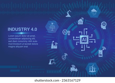 Abstract technology futuristic with Smart Industry 4.0. Factory automation concept. Autonomous industrial technology. Industrial revolutions steps.