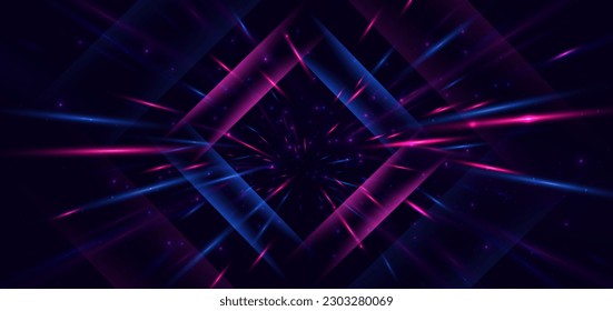 Abstract technology futuristic square neon glowing blue and pink light lines with speed motion blur effect on dark blue background. Vector illustration