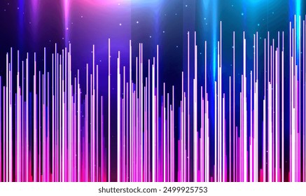 Abstract technology futuristic vertical lines with sparkles lights. Technology vertical lines visual pattern. Data flows modern backdrop. Dynamic glowing light streaks straight background. Tech Vector