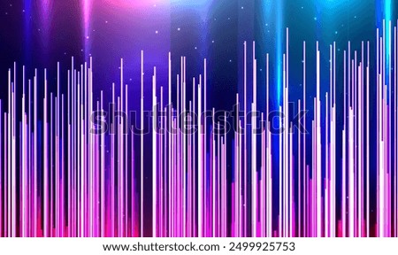 Abstract technology futuristic vertical lines with sparkles lights. Technology vertical lines visual pattern. Data flows modern backdrop. Dynamic glowing light streaks straight background. Tech Vector