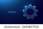 Abstract Technology Gear in Digital Low Poly Blue Wireframe Style. Cog Wheel. Vector Illustration. Connected Dots, Lines, as Starry Sky.
