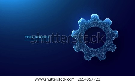 Abstract Technology Gear in Digital Low Poly Blue Wireframe Style. Cog Wheel. Vector Illustration. Connected Dots, Lines, as Starry Sky.