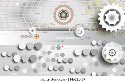 Abstract technology gear wheel engineering on square and hexagon background, Vector illustration tech digital innovation design gray on circuit board and digital technology communication telecom. 