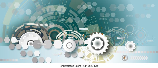 Abstract technology gear wheel engineering on hexagon background, Vector illustration tech digital innovation design colorful on circuit board and digital technology communication telecom concept. 