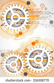 Abstract technology gears background.  Futuristic style with orange square halftone. Vector illustration