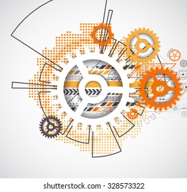 Abstract technology gears background.  Futuristic style with orange square halftone. Vector illustration