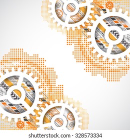 Abstract technology gears background.  Futuristic style with orange square halftone. Vector illustration