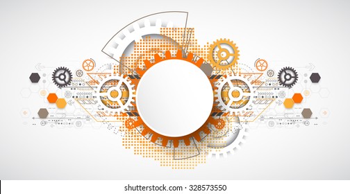 Abstract technology gears background.  Futuristic style with orange square halftone. Vector illustration