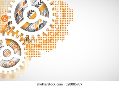 Abstract technology gears background.  Futuristic style with orange square halftone. Vector illustration