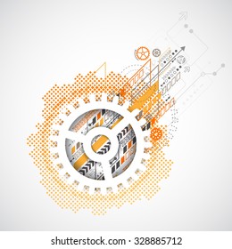 Abstract technology gears background.  Futuristic style with orange square halftone. Vector illustration