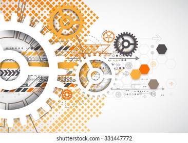 Abstract technology gears background. Futuristic style with orange square halftone. Vector illustration