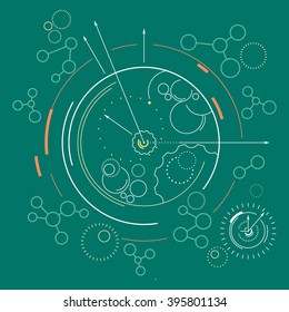 Abstract Technology Geometric Background,  Line Style Design, Circles and Nodes, Hours with Arrows, Abstract Data Type, Vector Illustration