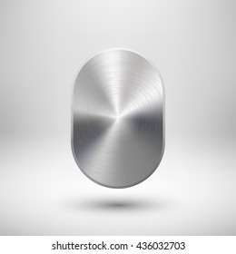 Abstract technology geometric badge, blank button template with metal texture, chrome, silver, steel and realistic shadow. Vector illustration.