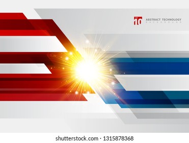 Abstract technology geometric red and blue color shiny motion background with light explosion. Template with header and footer for brochure, print, ad, magazine, poster, website, magazine, leaflet